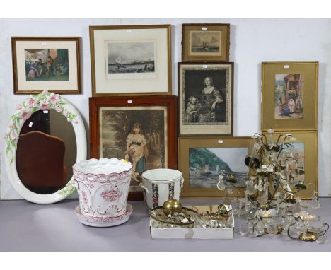Four light fittings; eight decorative pictures; a wall mirror in a ceramic frame; &amp; two jardinieres. 