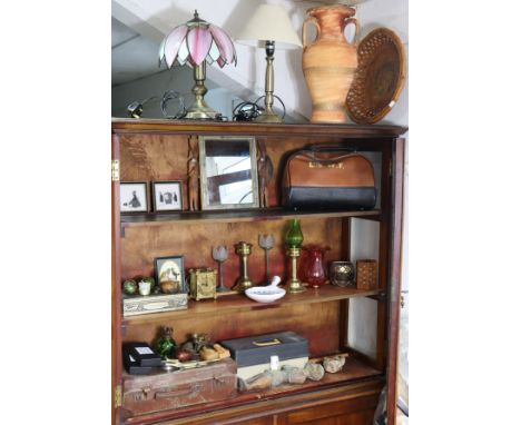 A brass table lamp with a leaded &amp; mottled-glass shade; an index card chest, 42.5cm x39cm; &amp; sundry other items.