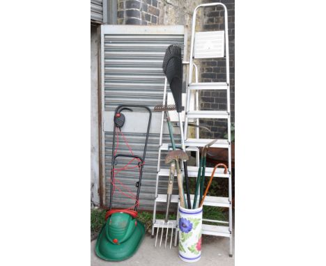 Two aluminium step ladders; an electric lawn mower; &amp; various garden tools. 