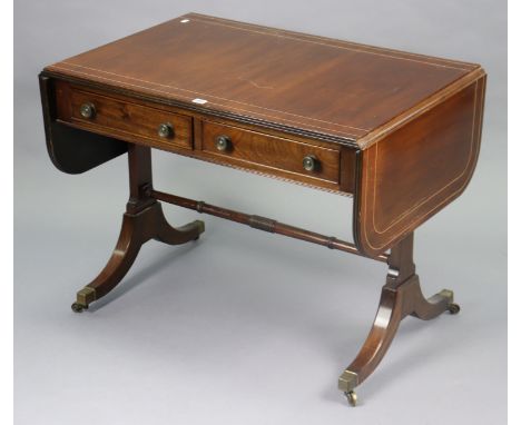 A reproduction inlaid-mahogany sofa table fitted two frieze drawers, 93cm wide x 68cm high x 61cm deep.; together with a 19th