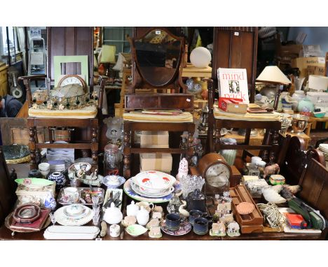 Two mahogany toilet mirrors; a battery-operated wall clock; various decorative ornaments, etc., part w.a.f. 