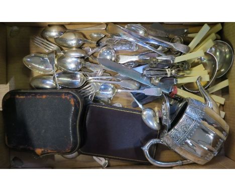 A box of silver plate, to include flatware, tea pot, cased spoons, etc.