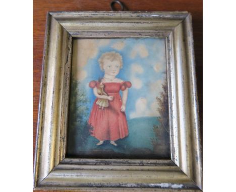 A 19th century watercolour, portrait of a girl holding a doll, in landscape, 4ins x 3.25ins
