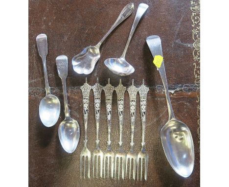 Five pieces of hallmarked silver flatware, together with a set of six filigree forks