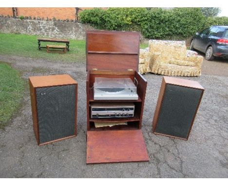 A Tensai turntable and an Akai stereo receiver, housed in a converted 19th century mahogany commode, together with a pair of 