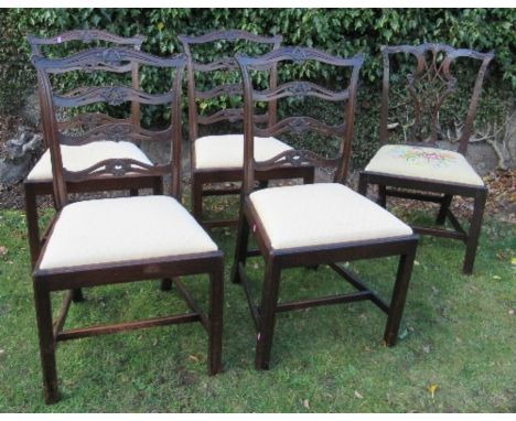 A set of four 18th century design dining chairs, with ladder backs, together with a Chippendale style dining chair, with pier