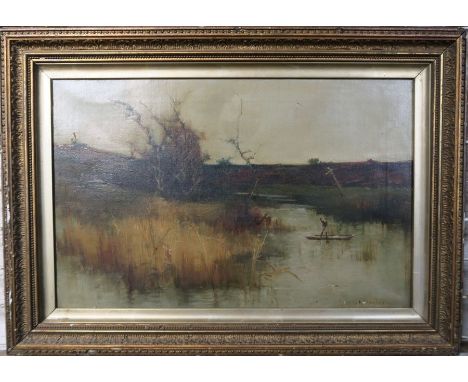 K Schofield, oil on canvas, figure in boat on water, 10ins x 17.5ins