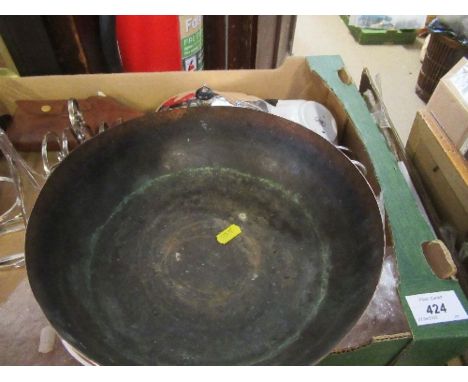 A box of assorted silver plated items, together with hip flask, berry spoons, and copper bowl