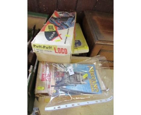 A bag of Meccano magazines, a Loco Puff Puff boxed engine, a box Mettype toy typewriter and a Selcol Gala boxed record player