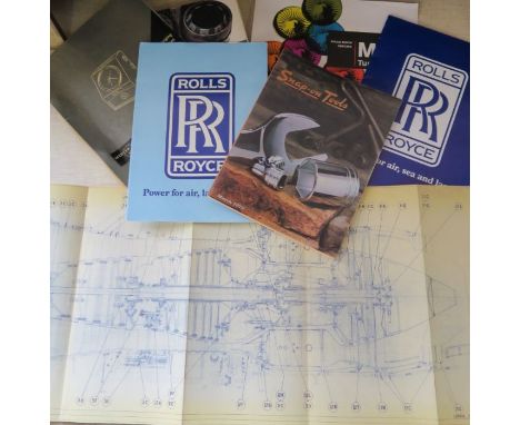 A box of ephemera relating to the Bristol Rolls Royce factory, to include Jaguar and Austin car signs, Rolls Royce engine pla