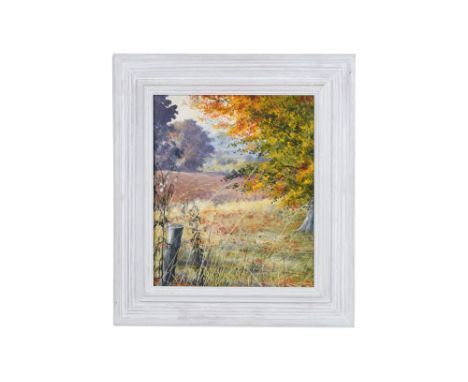 MEG STEVENS (English 1931 - 2012)A field view in autumn
Possibly Wales, c.1993
Oil on board, the vertical countryside view ac
