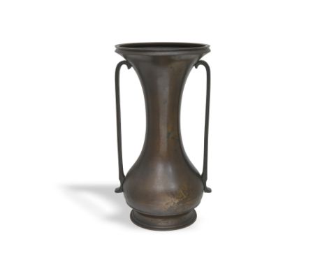 A BRONZE DOUBLE-SIDED VASEJapan, Meiji period 19th / 20th century
With a waisted body set with long handles, the surface with