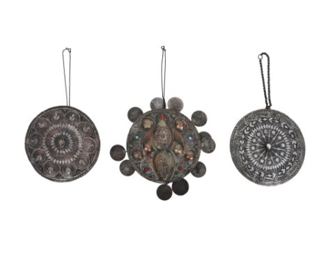 THREE DRUZE BRIDAL HEADDRESSES (TANTOUR / TARBUSH) WITH SILVER COINS AND FILIGREELebanon or Syria, 19th century
Each of tradi