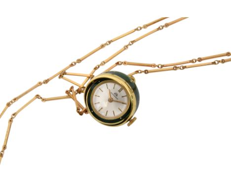 BOUCHERERGuilloche enamel
A striking green guilloché enamel pendant watch by Bucherer, designed in the shape of an egg. The c