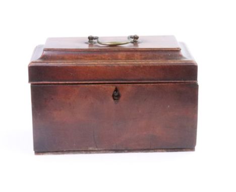 A George III mahogany rectangular tea caddy, the moulded hinged top enclosing three divisions with two tin lift-out caddies e