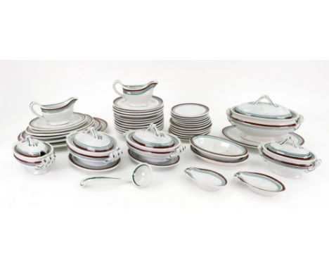 A Staffordshire pottery children's dinner service, possibly Ridgways, early 20th century, each piece with brown and green lin