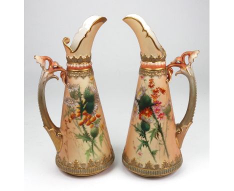 A pair of Royal Worcester Ewers, circa 1907, of conical form, each painted with flowers against a shaded apricot ground, puce