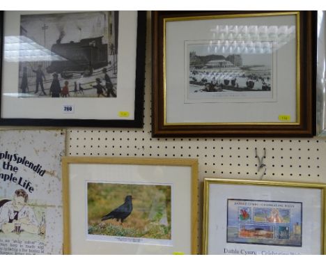 L S LOWRY framed print - level crossing along with two photographic prints and a set of four framed stamps celebrating Wales,
