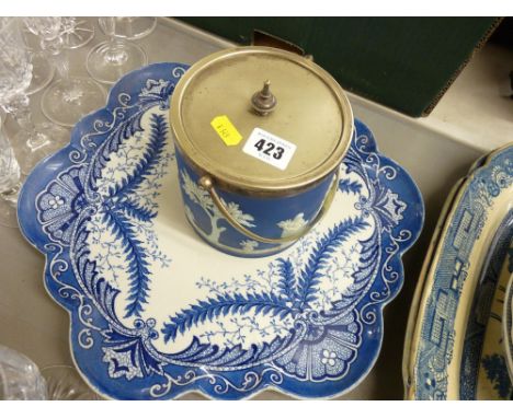 Wileman & Co blue and white cabaret tray and a Wedgwood Jasperware biscuit barrel with EP mounts and lid