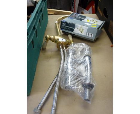 Vintage style swan neck tap set, a boxed set of brass effect taps and a set of chrome effect taps