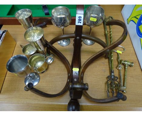Modern bentwood coat and hat wall rack, a quantity of EP goblets, two vintage toasting forks and a brass gavel etc