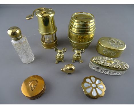 Three vintage brass pill boxes, a miniature miner's lamp, a brass barrel moneybox etc