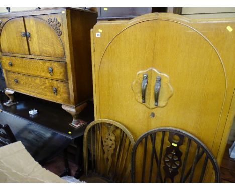 Compact two door wardrobe and a railback chest with two upper cupboard doors over two base drawers