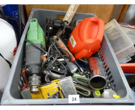 Plastic crate containing Woolworths workshop polisher, Hitachi hand drill, paint sprayer equipment and small hand tools etc E