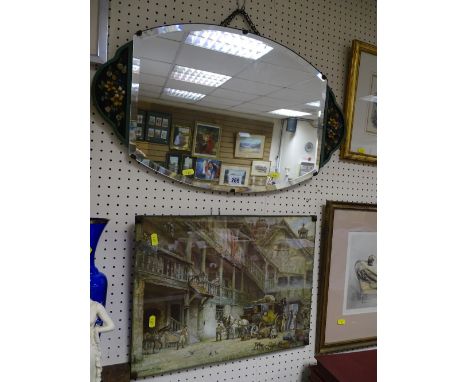 Vintage wall mirror with barbola type decoration and a classical style coaching print by E M BENNETT