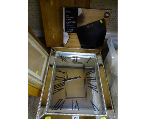 Modern stylish mirrored wall clock, a boxed set of bathroom scales and a wooden two handled tray
