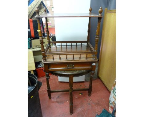 Dark wood half moon hall table and a two shelf Edwardian Canterbury