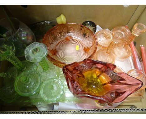 Two vintage glass dressing table sets, a heavy art glass vase etc