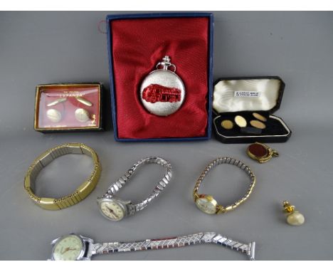Modern pocket watch, three lady's wristwatches, gilt metal hardstone watch fob, gent's cufflinks etc