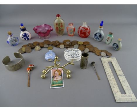 Mixed collectables including vintage coinage, glass and pottery opium bottles, small cranberry glass bowl etc