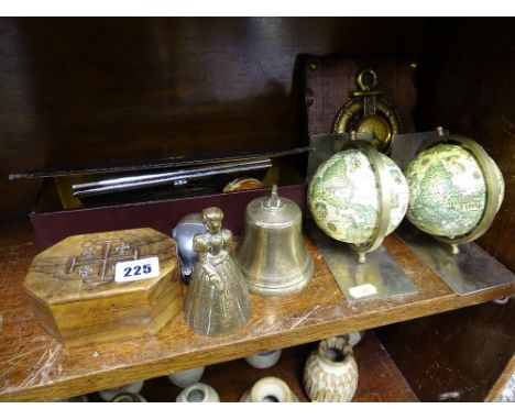 Pair of globe bookends, vintage chocolate box, two brass bells etc