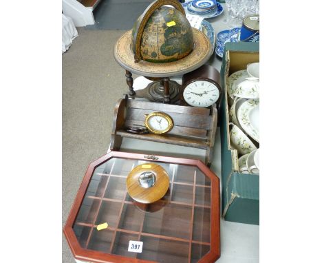 Tabletop globe icebox, vintage mantel clock, small lidded display case etc