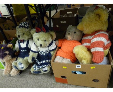 Box of cuddly toys and vintage dolls, two Millennium 2000 collection bears on rocking chairs and a Bear Factory purple dog 