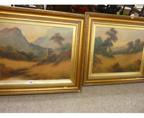 Two vintage gilt framed watercolour studies - castle ruin set before imposing mountains and cottages amongst trees in a meado