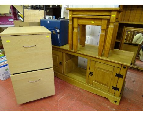 Mexican pine entertainment unit with cupboard doors, a two drawer light wood filing cabinet and a set of two modern pine side