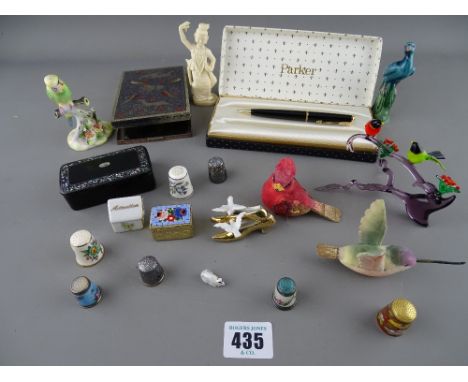 Group of collectables including enamelled and silver thimbles, papier mache snuff box, an Indian white metal cigarette case e