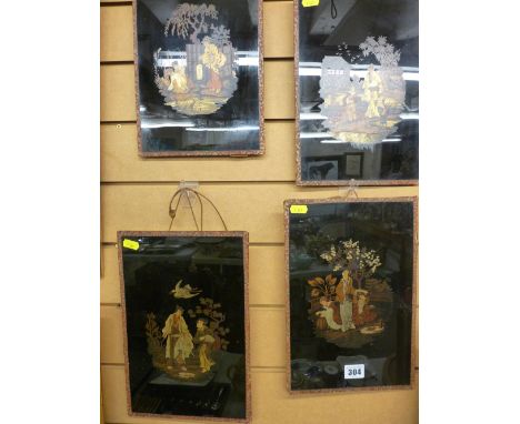 Four vintage Oriental glass panels with raised lacquerwork scenes of couples in garden settings