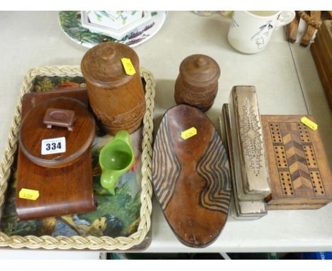 Quantity of treen boxes and containers, two glass dressing table boxes with EP lids, a vintage bird eggcup etc