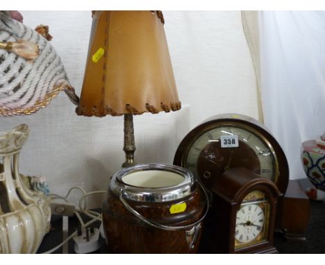Vintage mantel clock and one other, an oak biscuit barrel (no lid) and a decorative table lamp