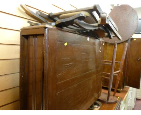 Polished wood drop leaf gate leg table, a vintage steamer chair A/F and a wooden stool