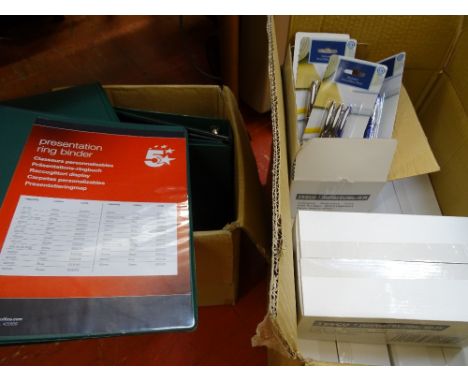 Good quantity of boxed erasable roller ball pens in bubble packs and a quantity of presentation ring binders