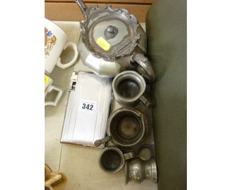 Pewter type teapot, three small measures, chrome cigarette case and lighter etc