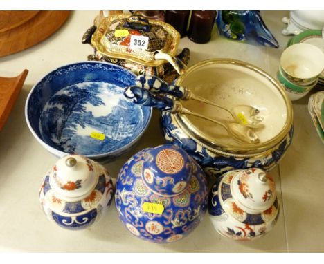 Masons double landscape sauce tureen, cover, ladle and stand, a Jenny Lind blue and white pottery fruit bowl, a blue and gilt