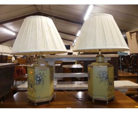 A pair of contemporary hexagonal toleware style table lamps, with pleated silk shades, each h.42cm (excluding fittings)Very g