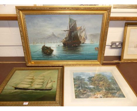 A study of Victoria, three-masted clipper ship, reproduction oil on panel, together with Volkov maritime scene, oil, and a re