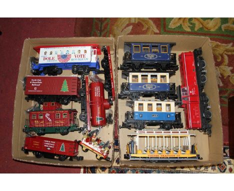 Two trays containing a collection of LGB related garden scale locomotives and rolling stock to include a DB Class 251902 loco